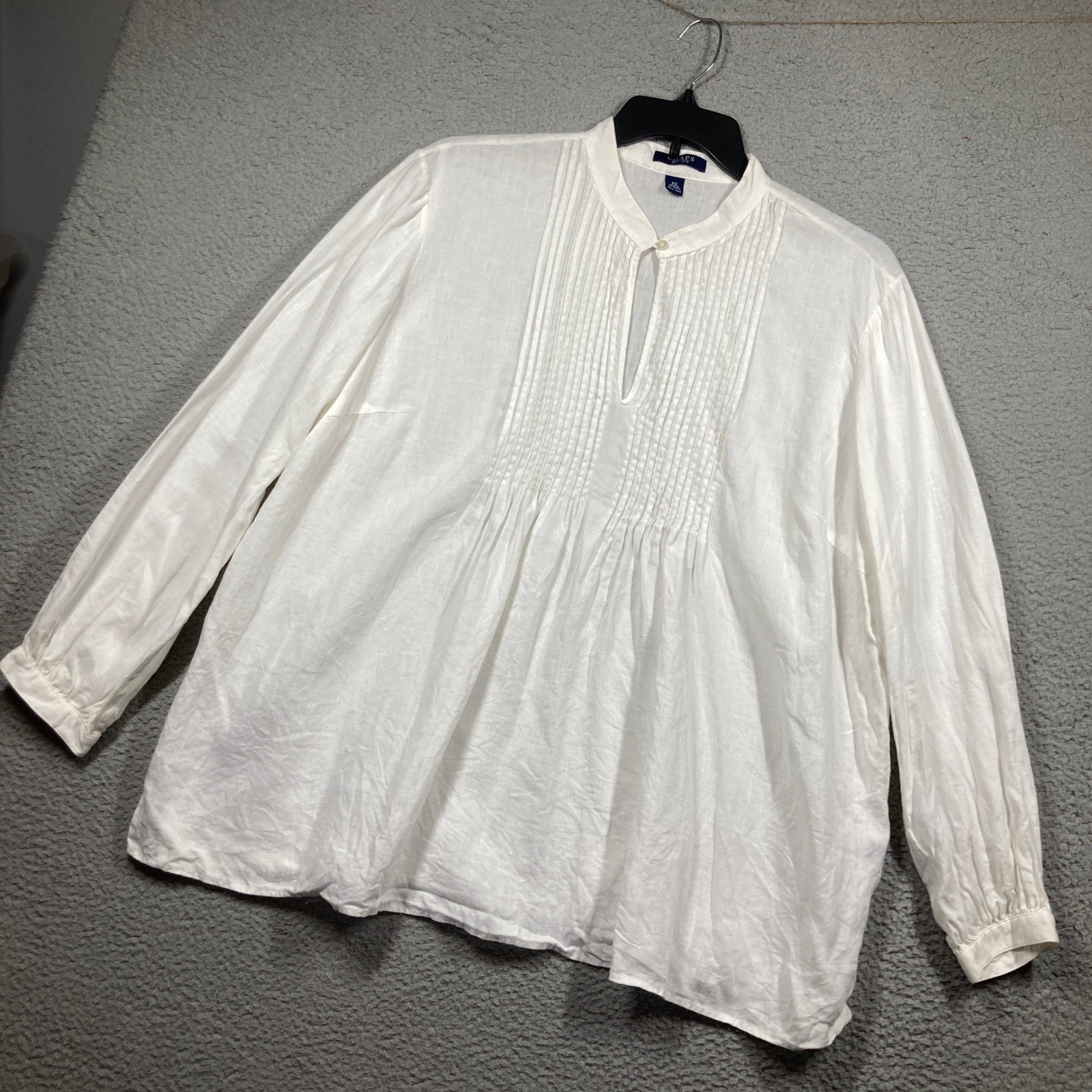Chaps Linen Pintuck Blouse Women 2X White Long Sleeve Mandarin Keyhole Top