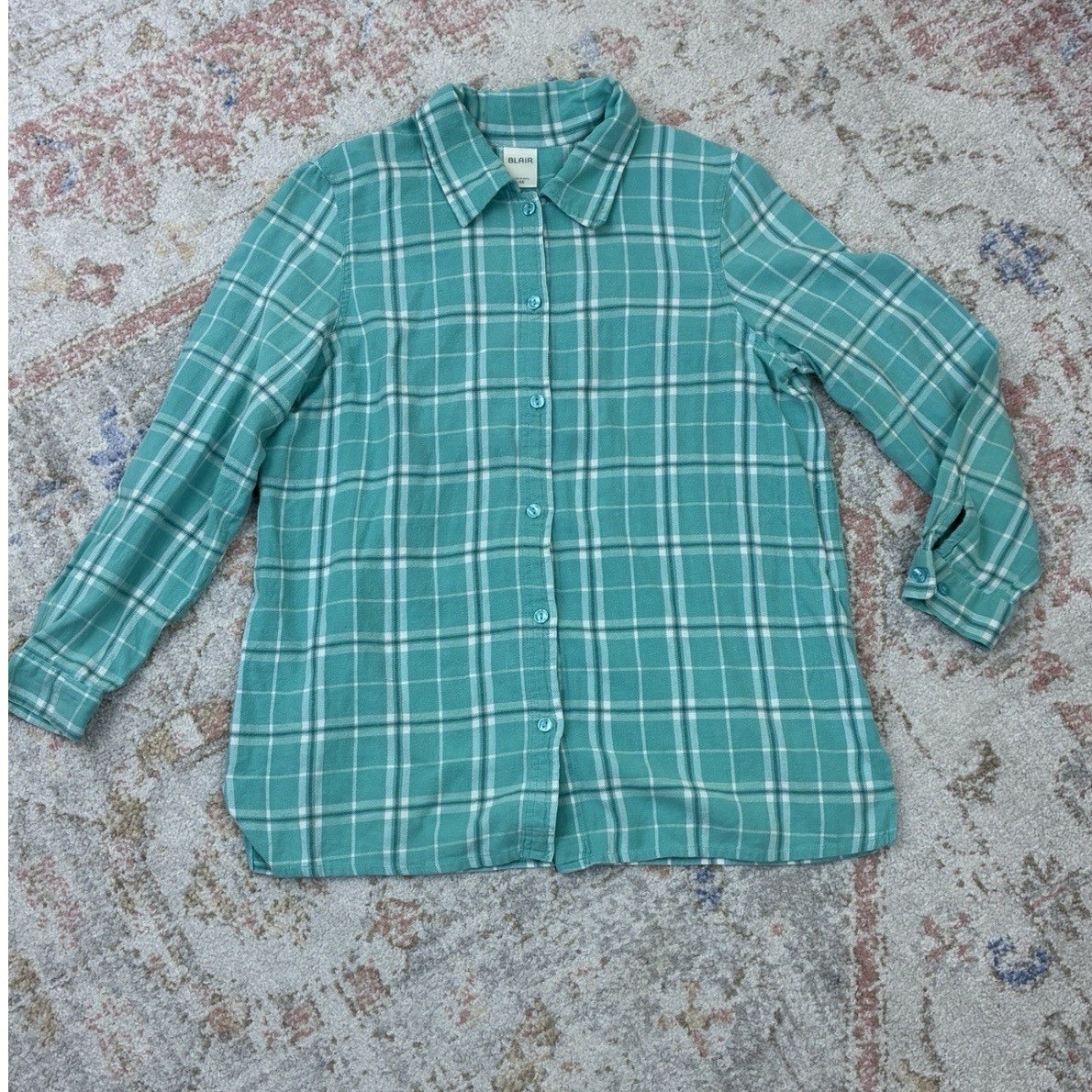 Blair Flannel Shirt Womens Size Large Teal Plaid Checkered Cotton Button Up
