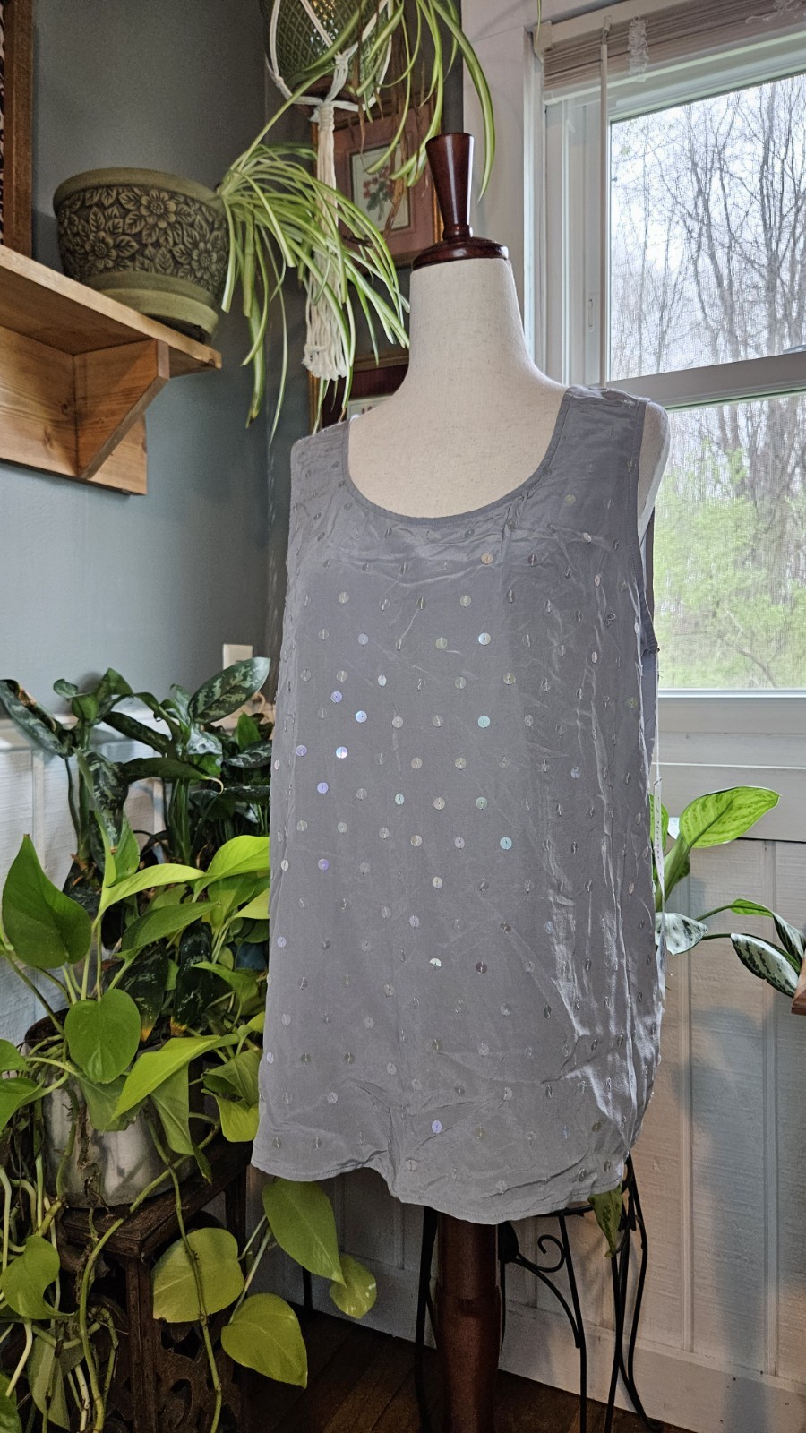 Vtg Sleeveless Blouse 90s Silk M Sequins Blue Preppy Classic Retro NWT Holiday