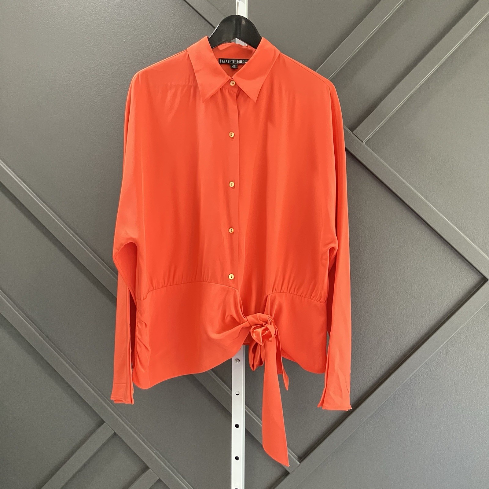 Lafayette 148 New York Silk Tie Front Blouse Orange Coral Button Front Size 16