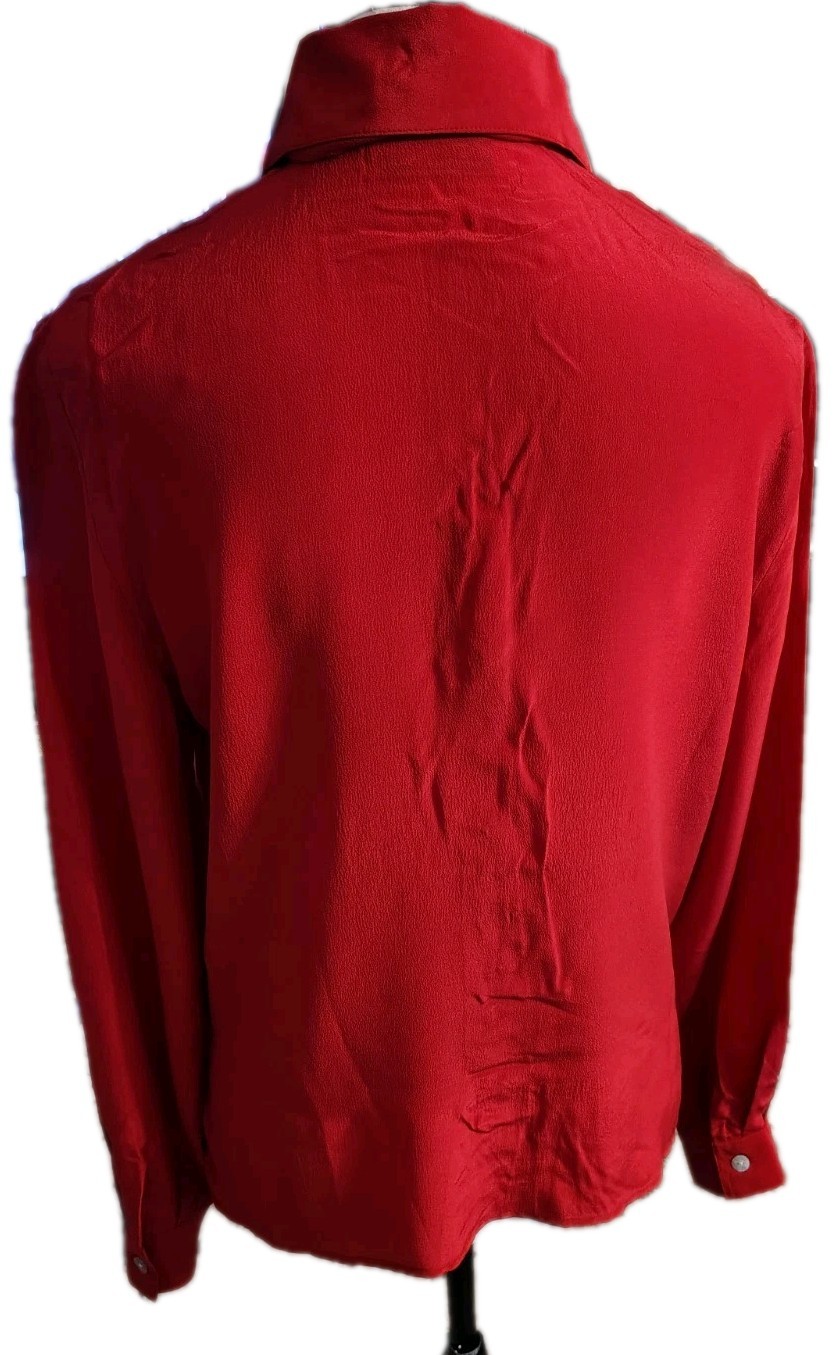 New York City Design Co. Blouse Size S Red Button Silk Long Sleeve MOP Tie