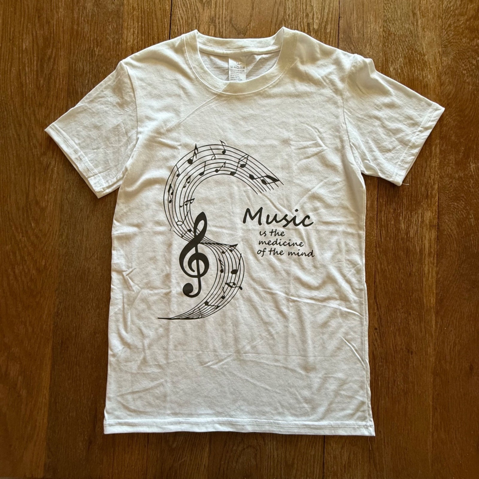 Music Shirt Womens S White Treble Clef Quote Music is the Medicine of Mind Tee