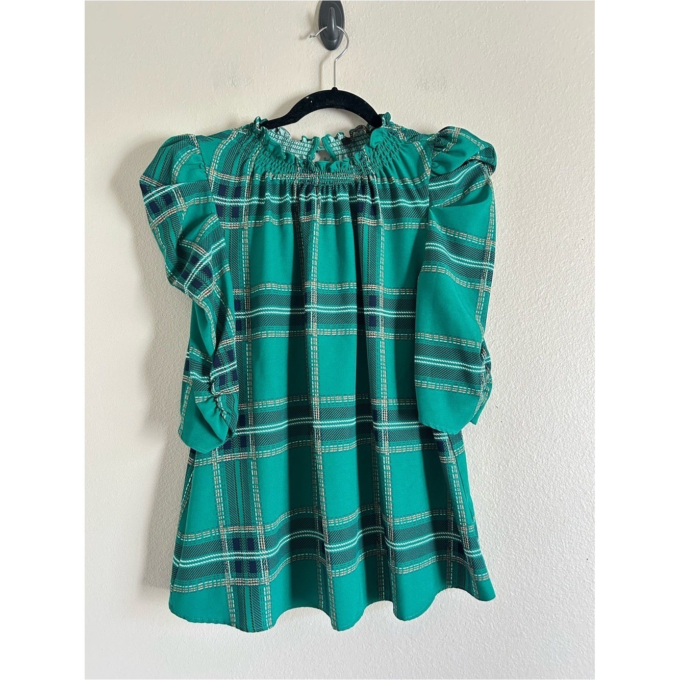 Sugarlips Woodland Jade Plaid Drape Sleeve Top Business Work Wear Large