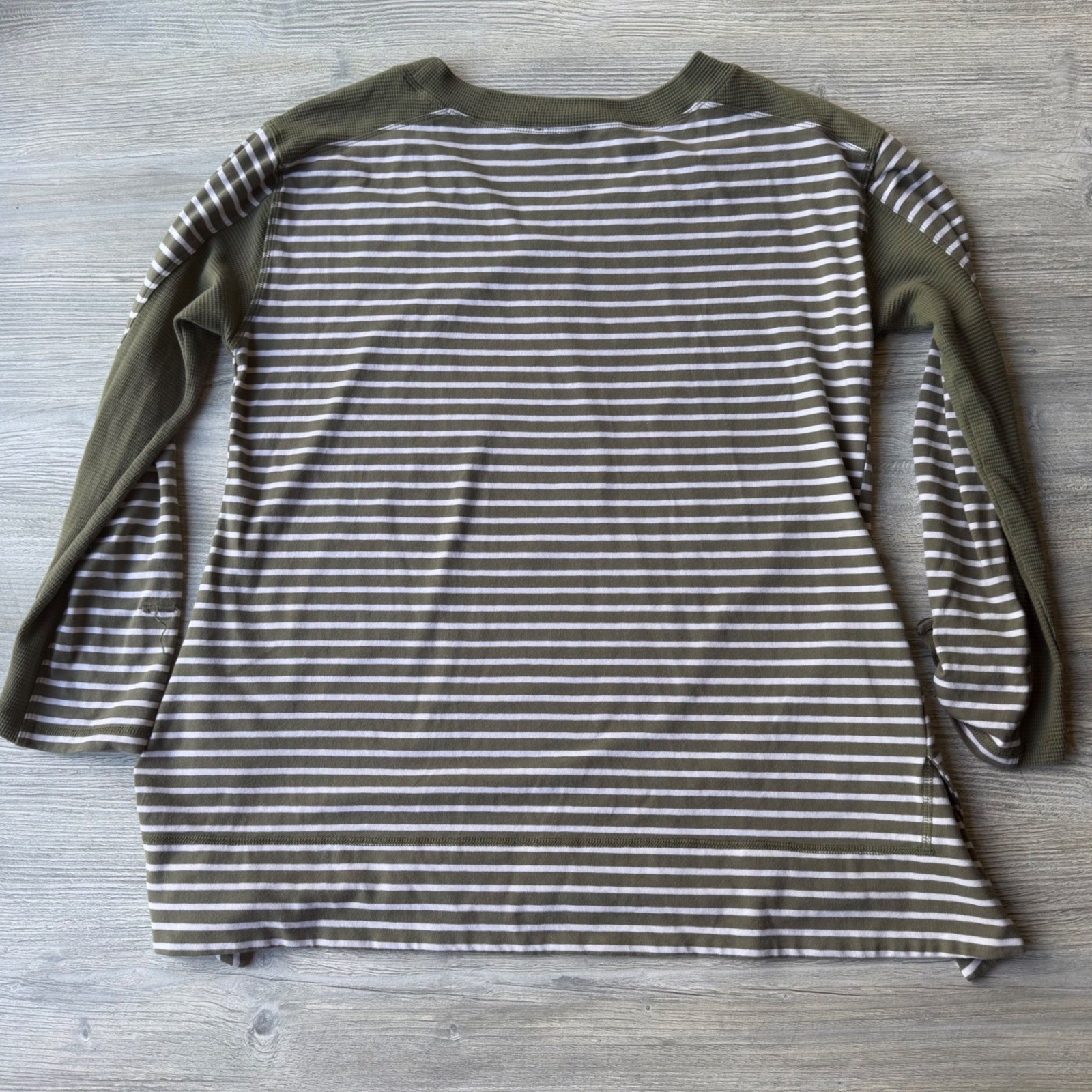 Neon Buddha Striped Cotton Top Olive Green Waffle Knit Sleeve L Gorpcore Granny