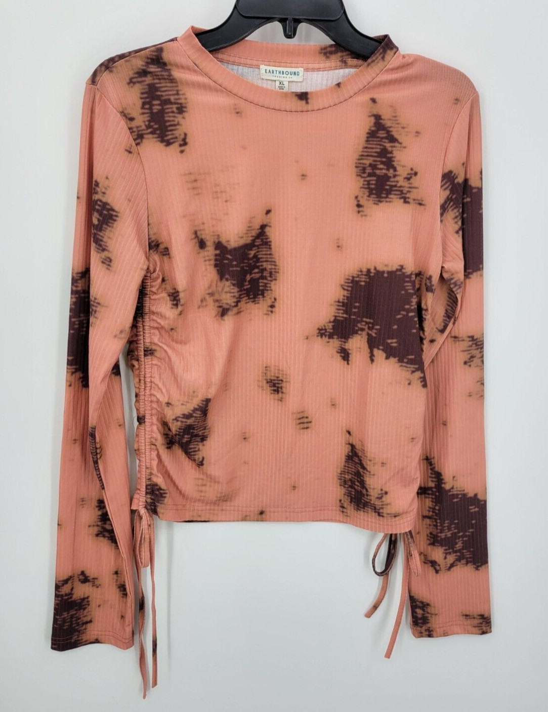 Earthbound Top Womens XL Peach Floral Ribbed Ruched Sides Cropped Boho Romantic