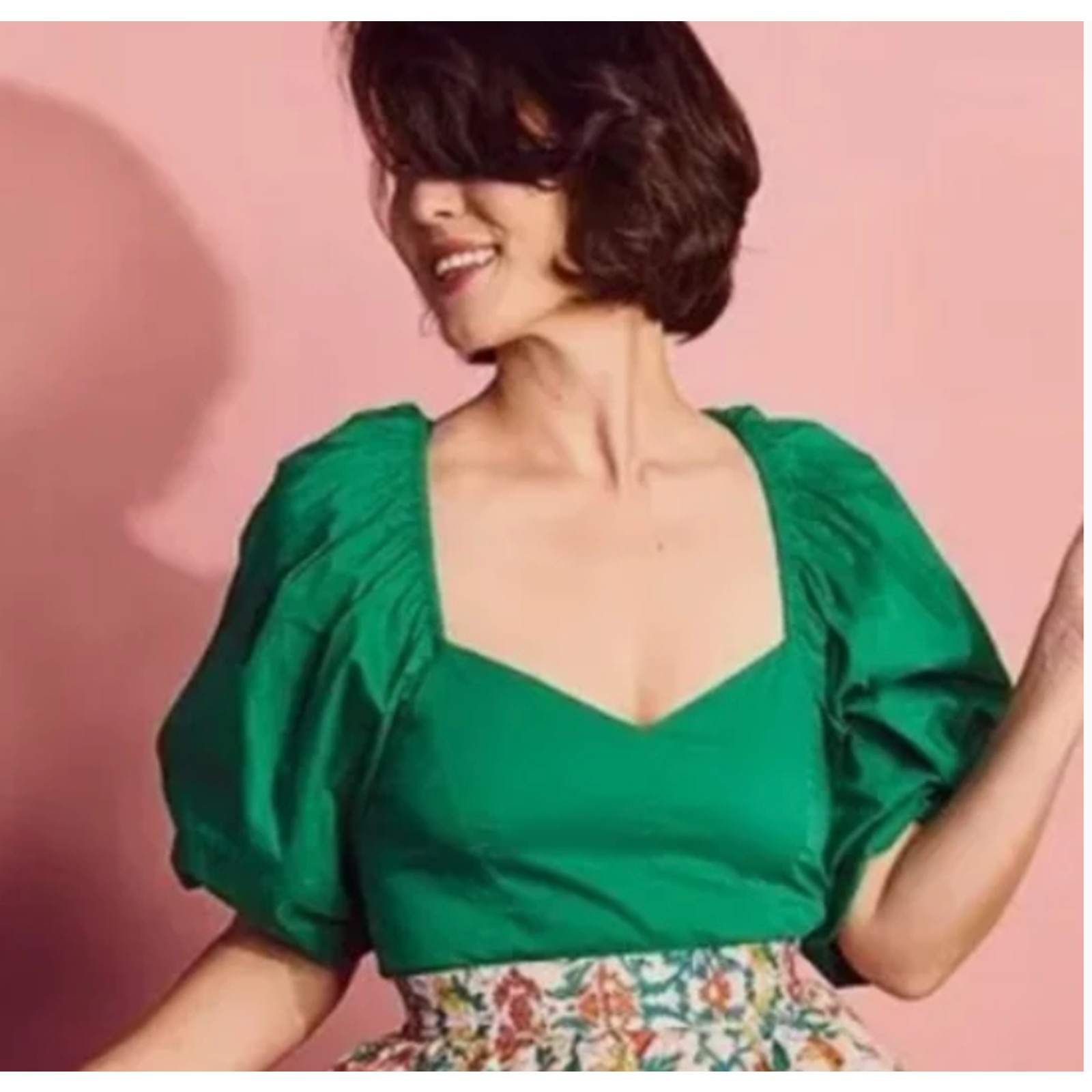 Buru Balloon Sleeve Bustier Cropped Top S, Kelly Green | NEW $118