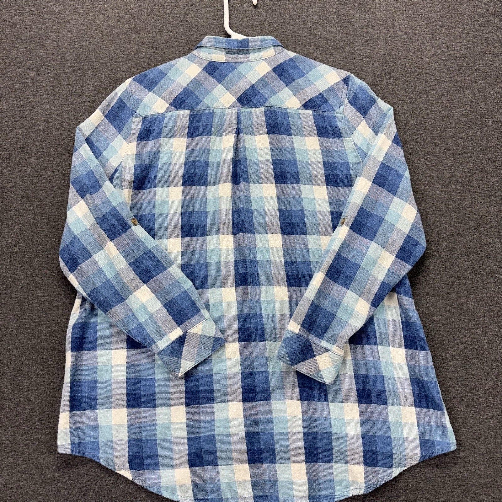 J Jill Flannel Shirt Jacket Womens M Blue White Plaid Roll Tab Sleeves Pockets