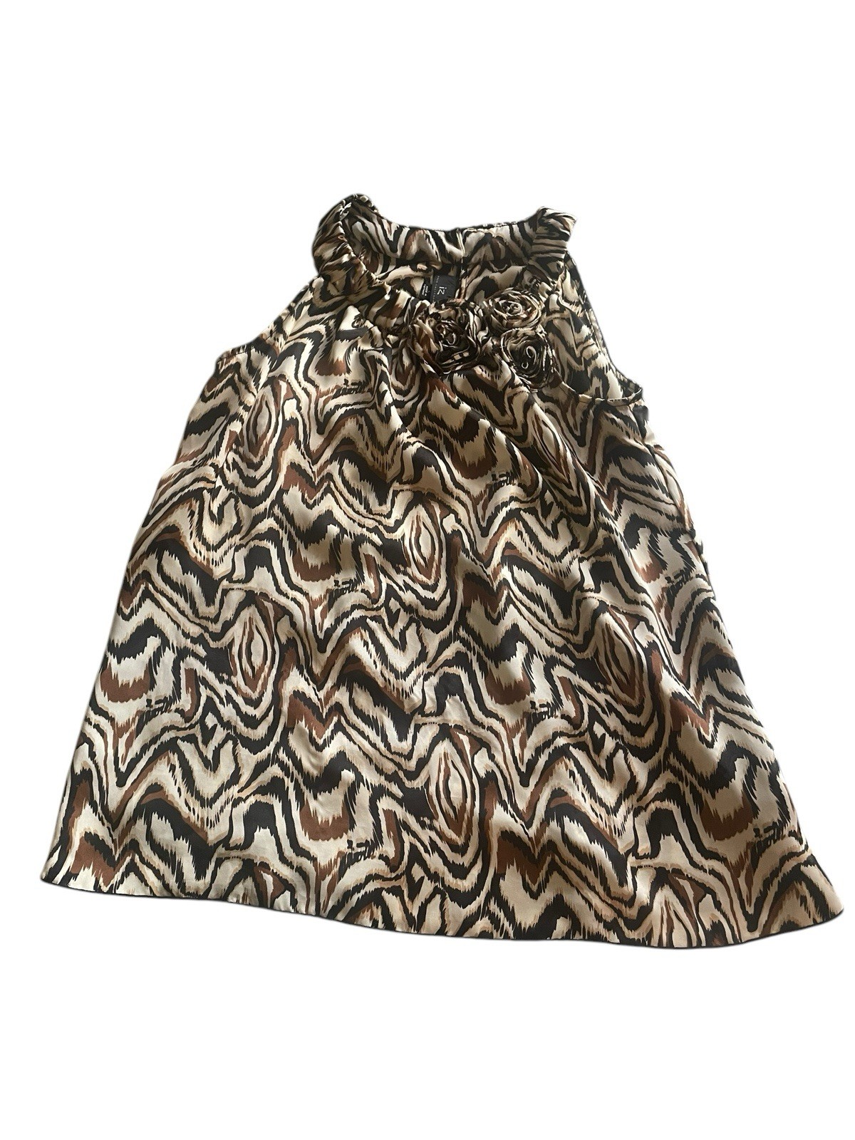IZ Byer California Women’s LARGE Y2K Brown Cream Black Blouse Rose Detail Top