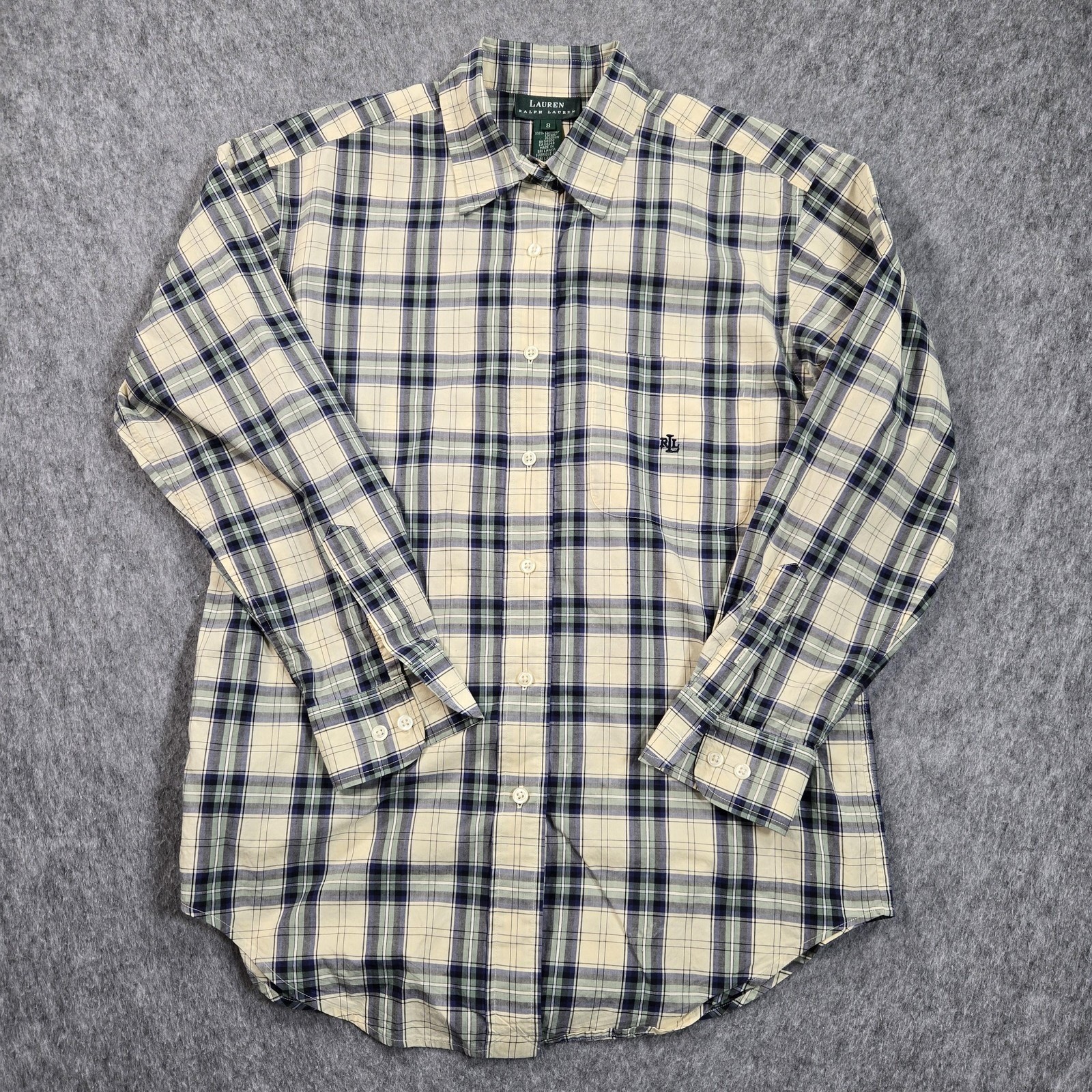 Lauren Ralph Lauren Shirt Womens 8 White Blue Plaid Long Sleeve Button Up Cotton