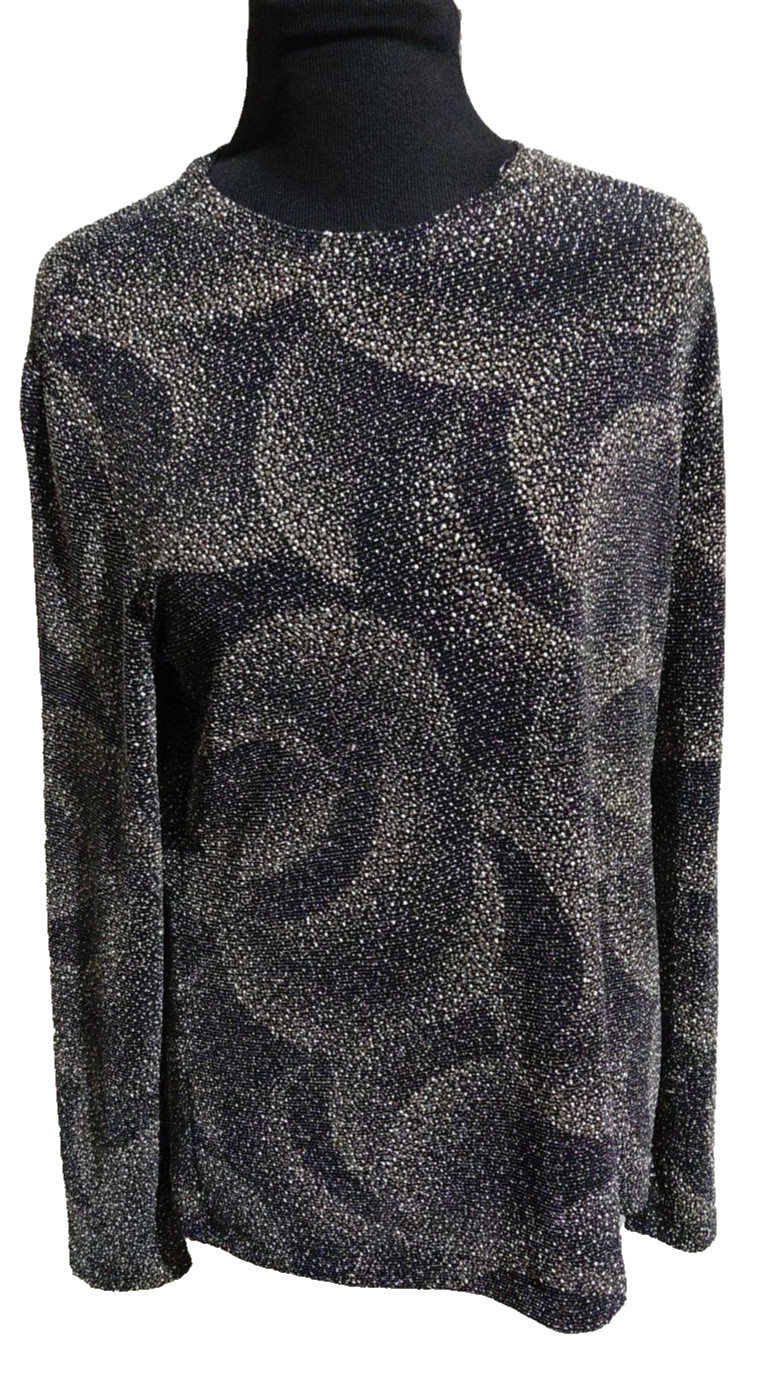 Chico’s Design SZ 2 Large Dressy Top Black Metallic Swirls Long Sleeve Pullover