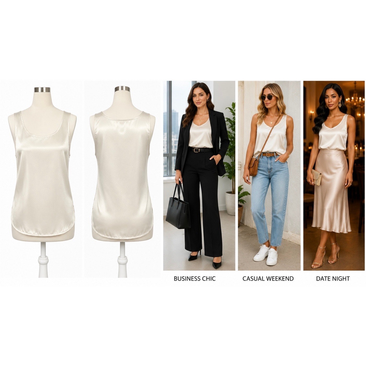 100% Pure Silk Ivory Sleeveless Shell Blouse | Luxury Tank Top