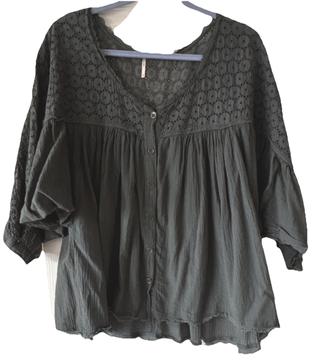Free People Dark Teal Eyelet Balloon Sleeve Button Front Ruffle Blouse Size Med