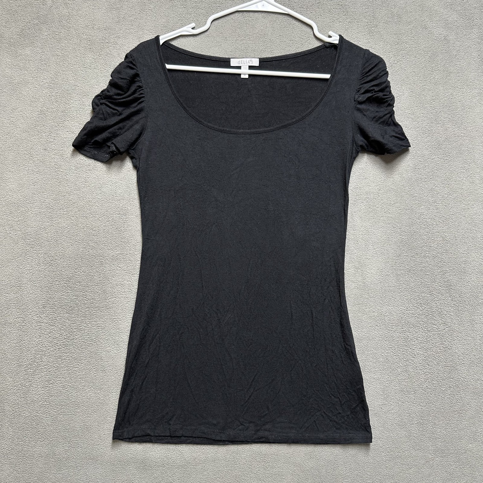 dELiAs Top Womens Medium Black Ruched Puff Sleeve Scoop Neck Stretch Made In USA