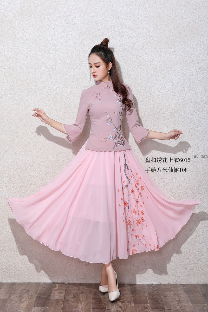Women Chinese QiPao Cheongsam Tops Blouse Tang Suits Casual Slim Retro T-shirts