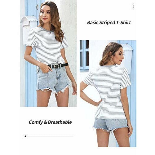 Women Short Sleeve Striped T Shirt Crewneck Tunic Tee Tops Gray White Medium
