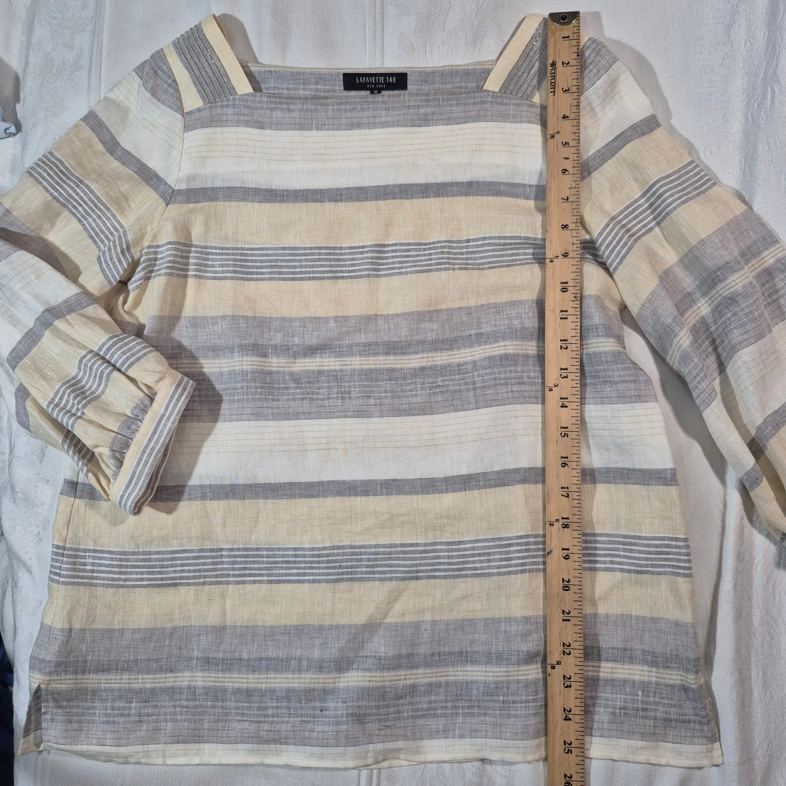 Lafayette 148 New York Harper Linen Striped Top with Metallic Accent MEDIUM