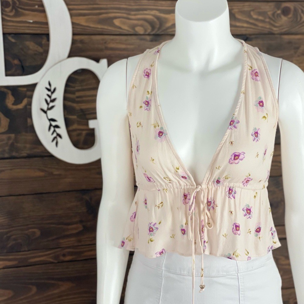 AFRM | Lilac Floral Printed Tie Front Sleeveless Crop Top Heart Beads