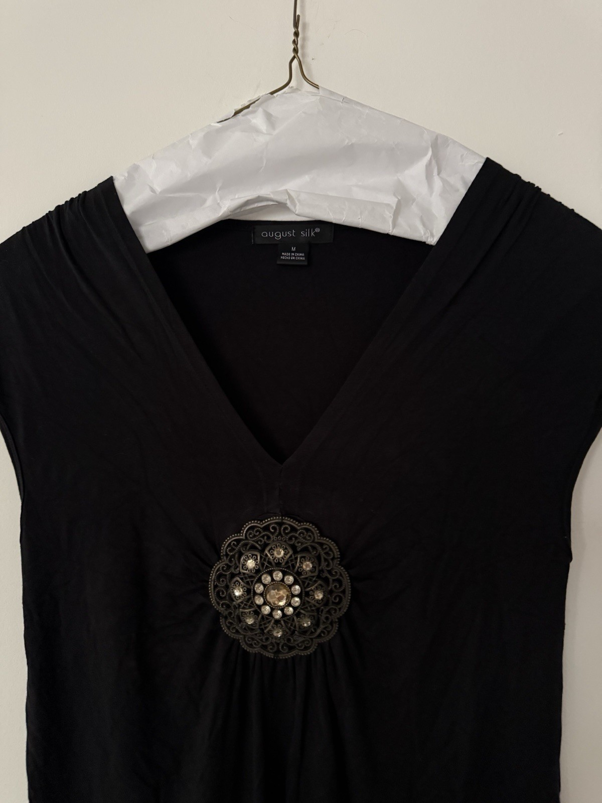 August Silk Black Rayon V-Neck Sleeveless Blouse Beaded Pleated Accent M