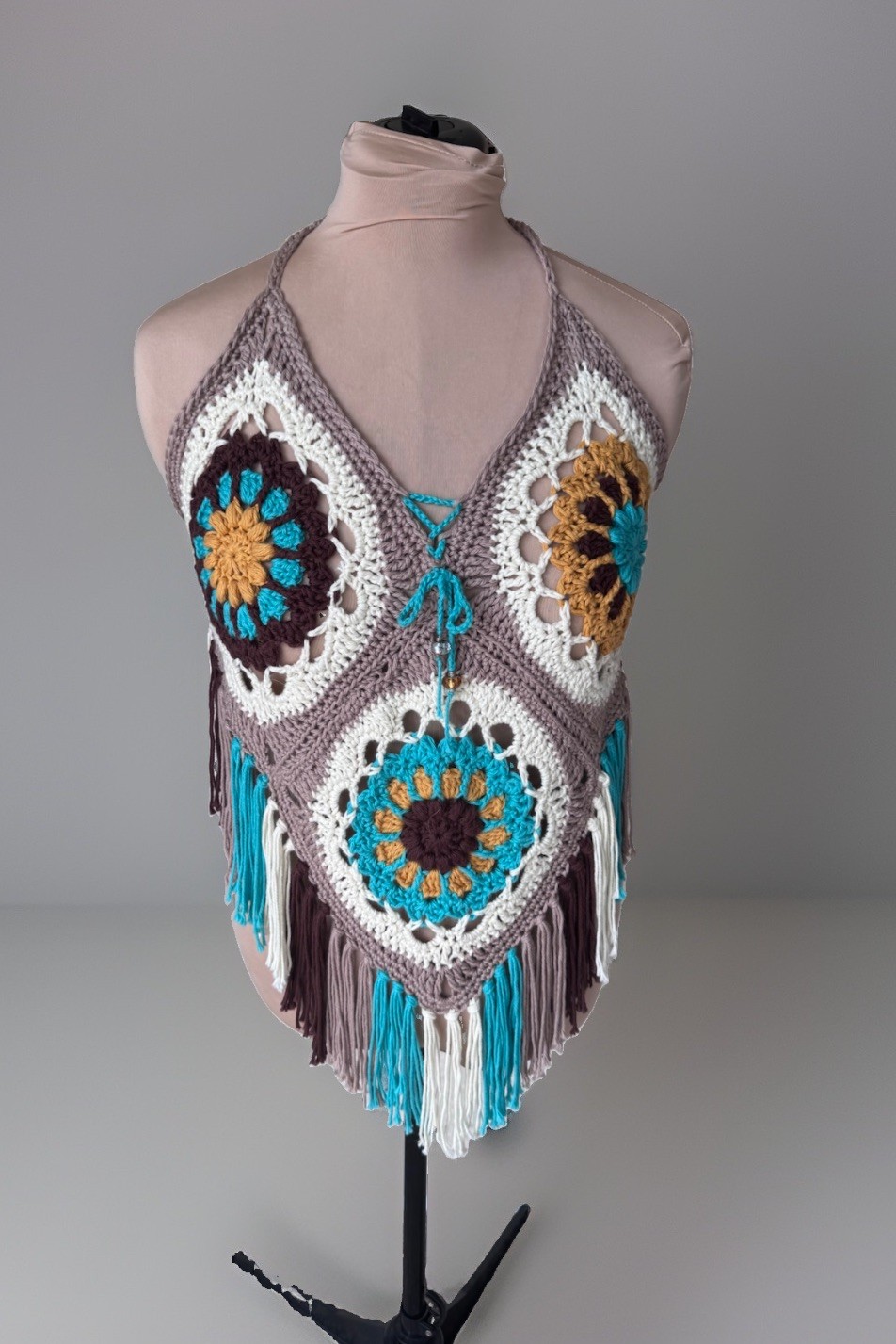 Handmade Crochet Halter Top Boho Festival Granny Square Fringe Tie Back OOAK