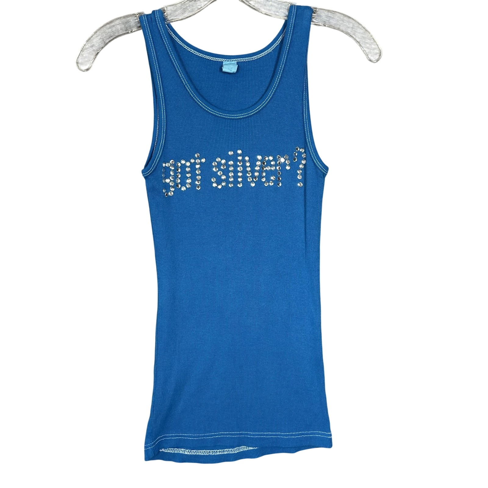 Vintage Y2K Tank Top Womens Medium Blue Rhinestone Got Silver? 00s Mcbling