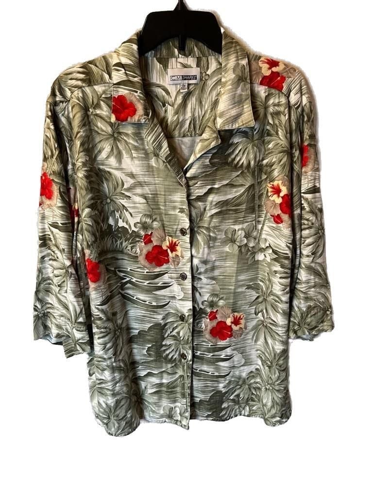 C.M.Shapes VTG 100% Rayon Tropical Floral Hibiscus Button Up Relaxed Top Size 2X
