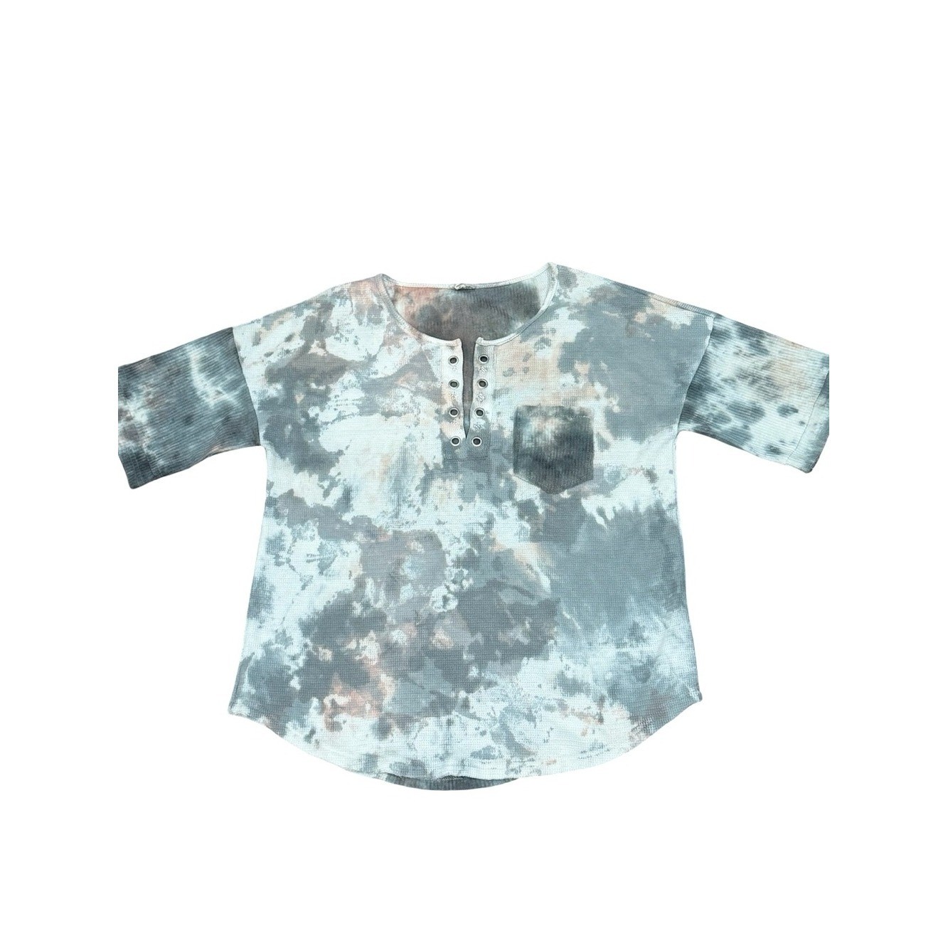 ✨ POL Waffle Knit Henley Top Women’s Small Gray White Pink Tie-Dye Shirt