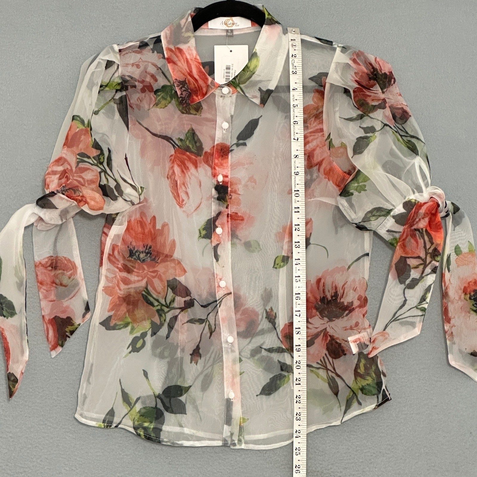 Melograno Rico Womens Top S White Pink Floral Sheer Organza Puff Feminine Fairy