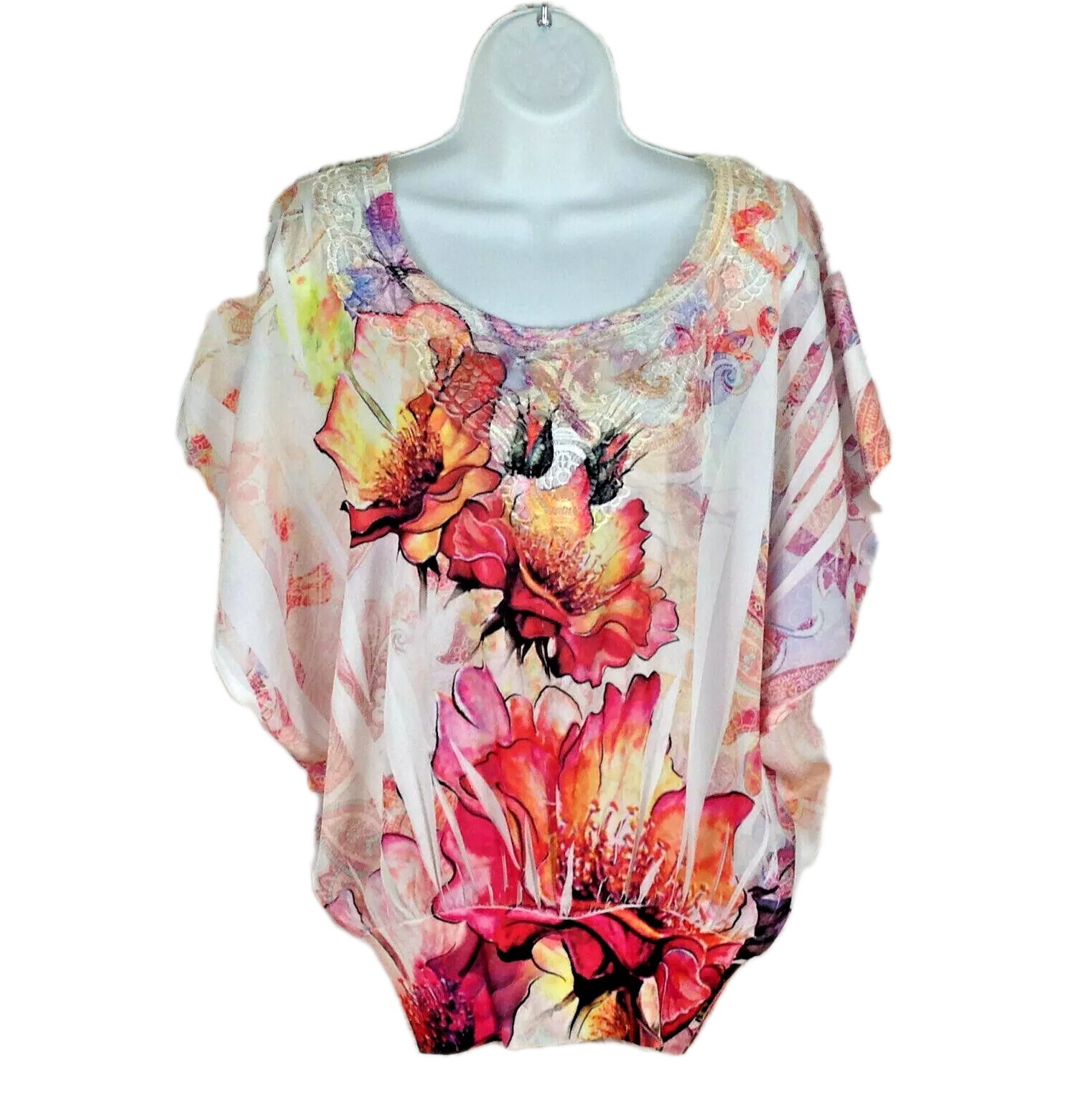 Dressbarn floral lace tropical blouse womens size S pink multicolor bat wing