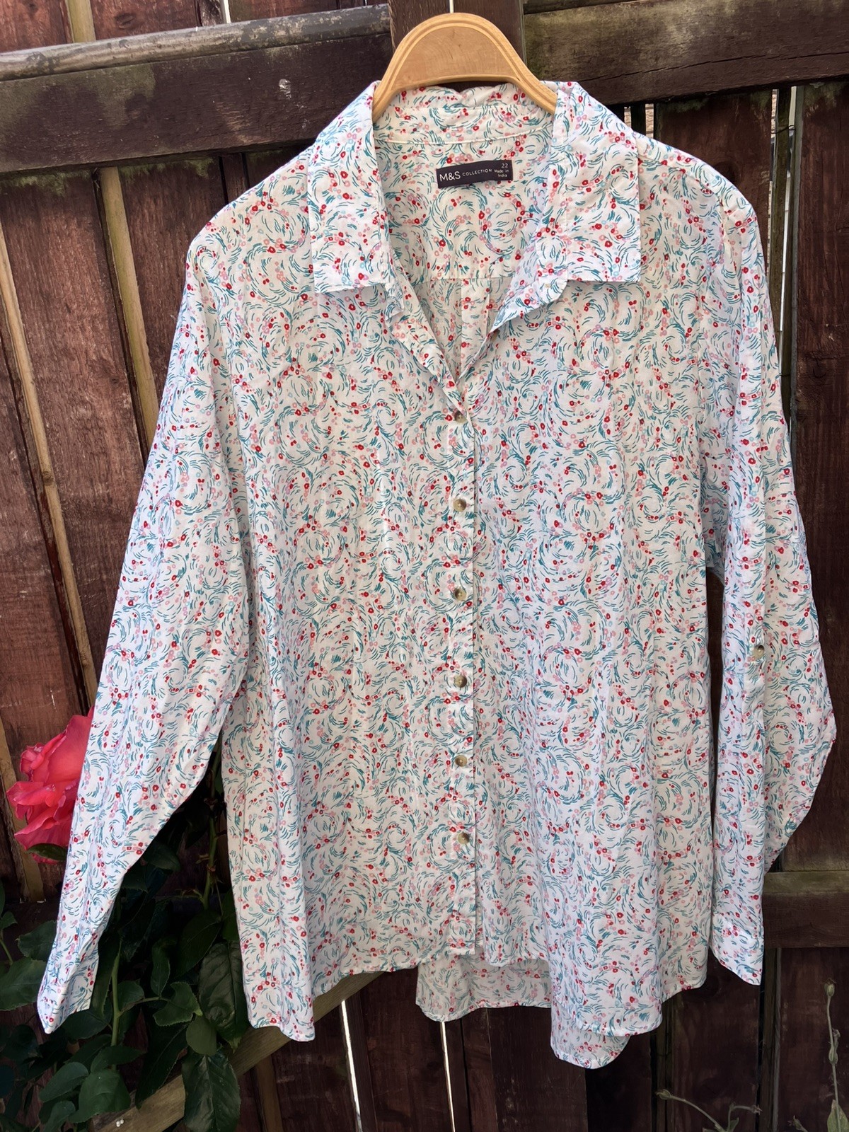 M&S Collection Floral Cotton Blouse UK22 White/Pink/Red Roll Tab Sleeve Pleats