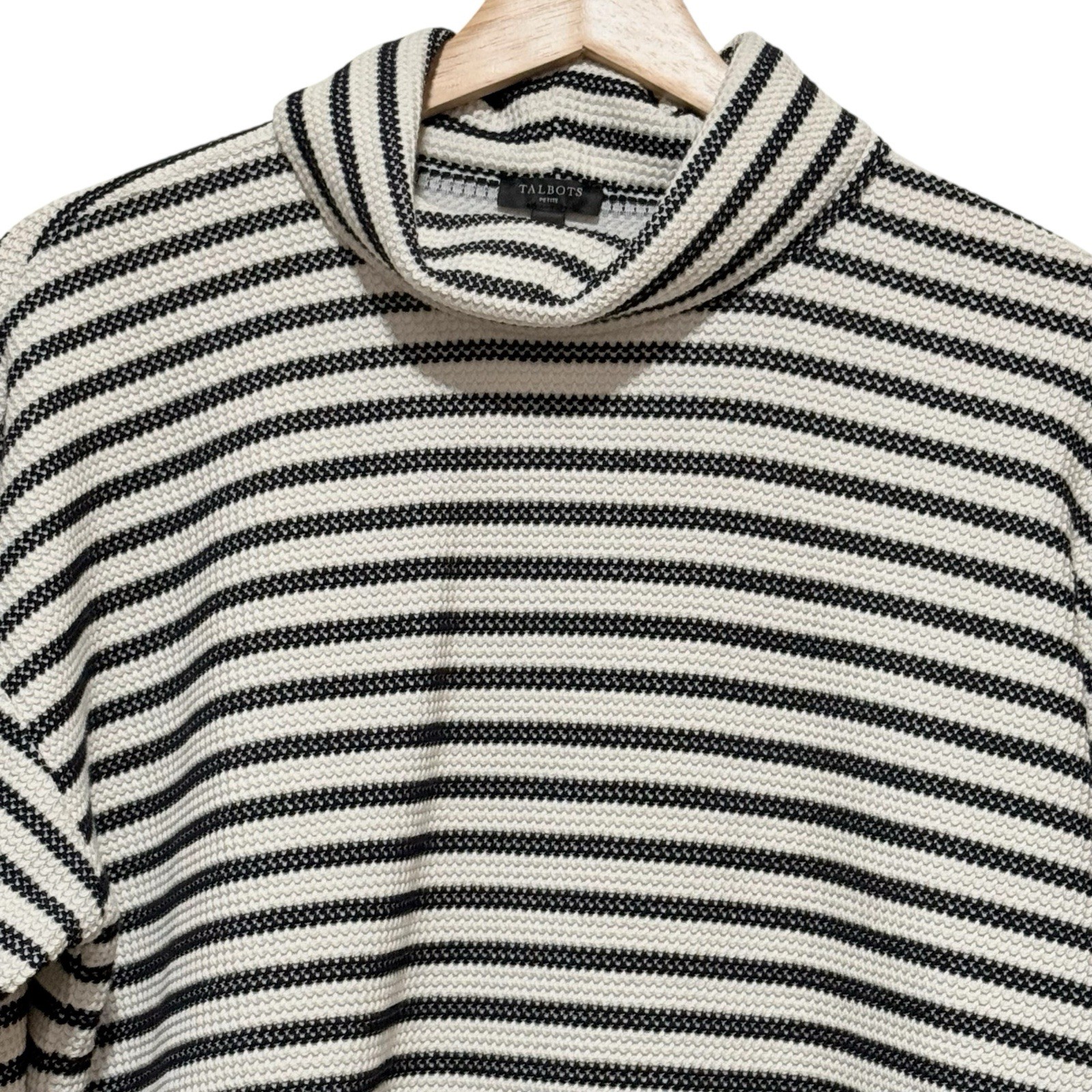 Talbots Size Large Petite Waffle Knit Ivory Black Striped Turtleneck Top