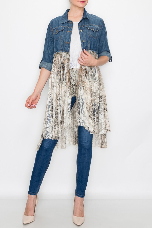 new ORIGAMI cardigan print duster LACE & DENIM vest shirt SM-3X BOHEMIAN western