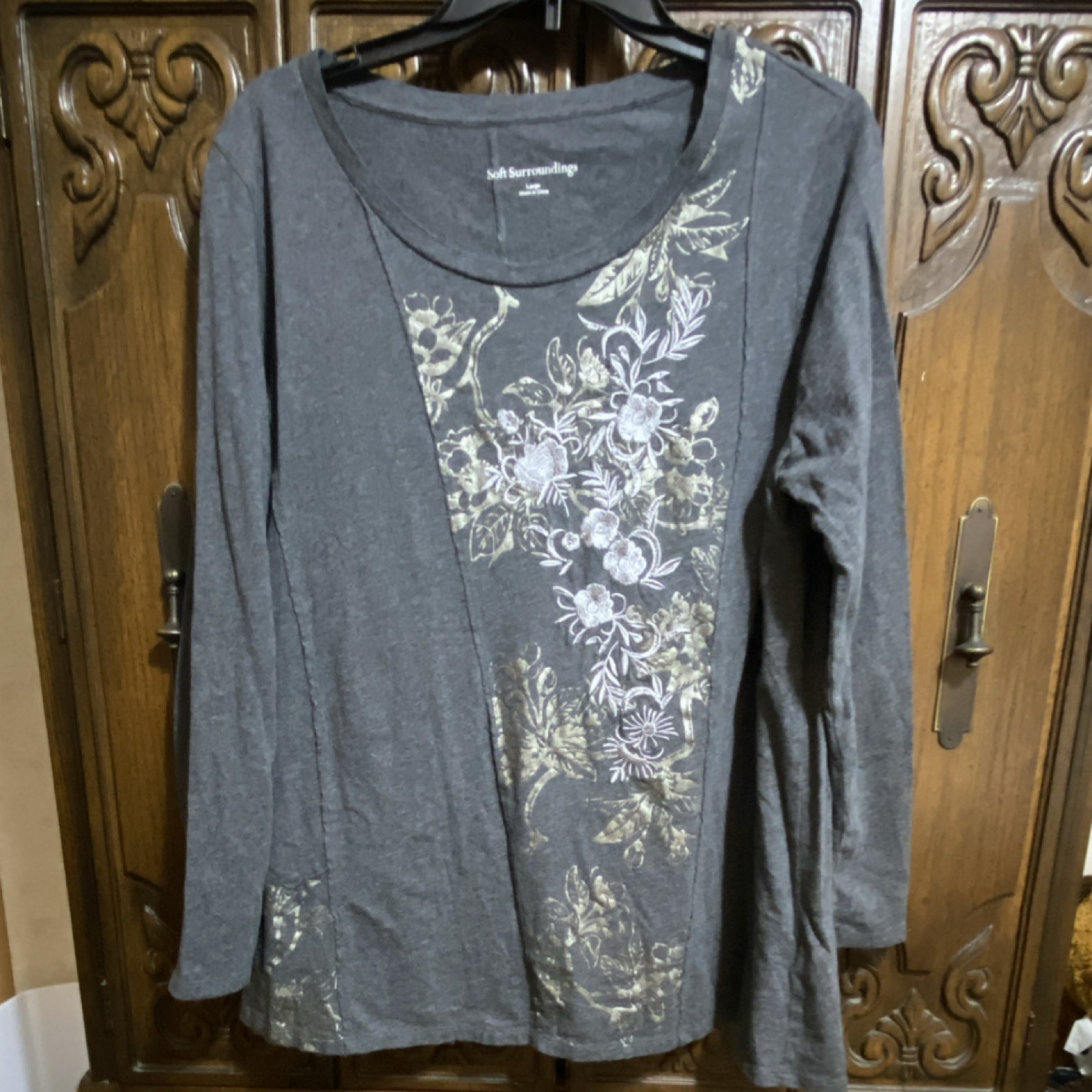 Soft Surroundings 100%Cotton Floral Embroidered Knit Tunic Gray Gold White L