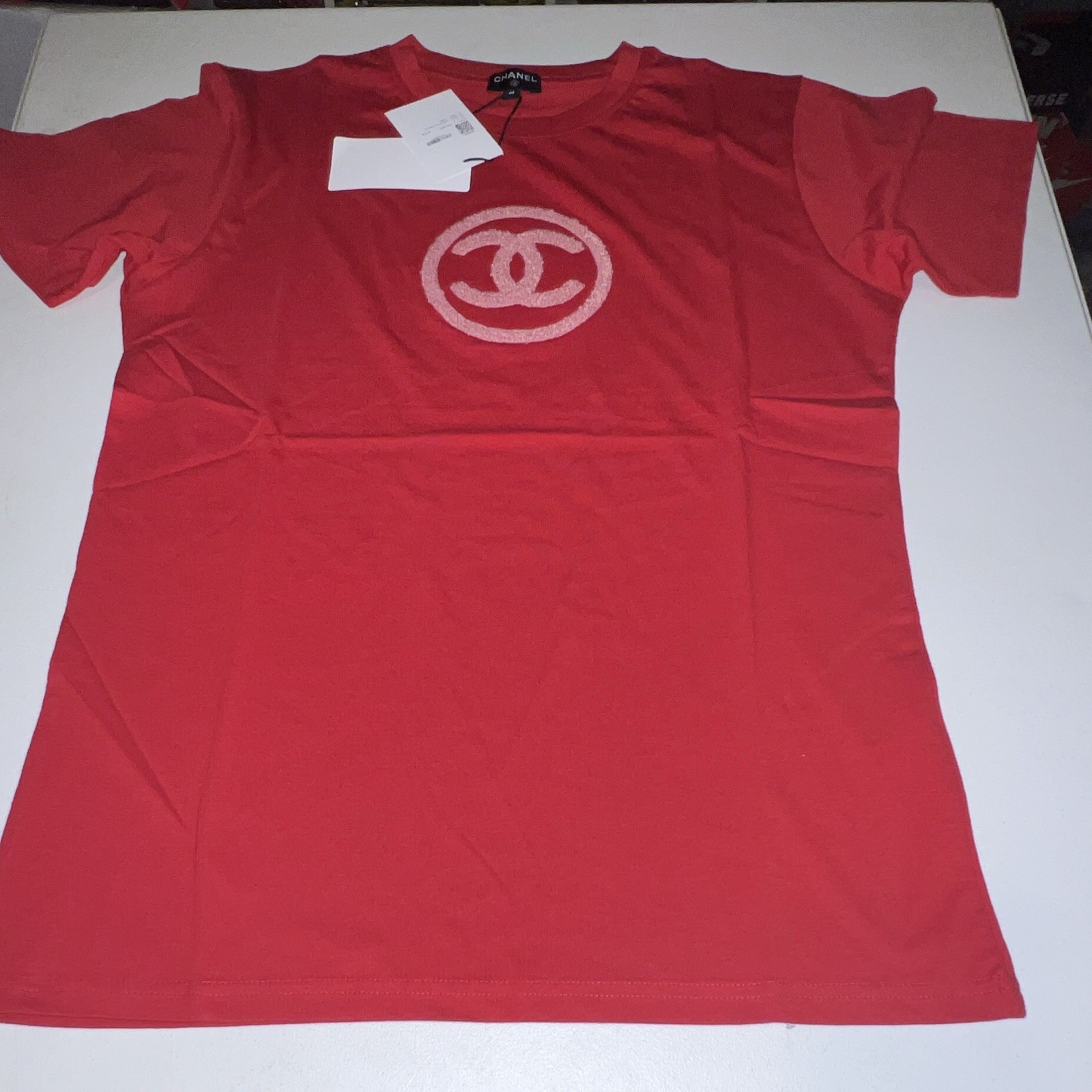 CHANEL pinkLogo Crew Neck Short Sleeve 100% Cotton T-Shirt Maternity L NWT