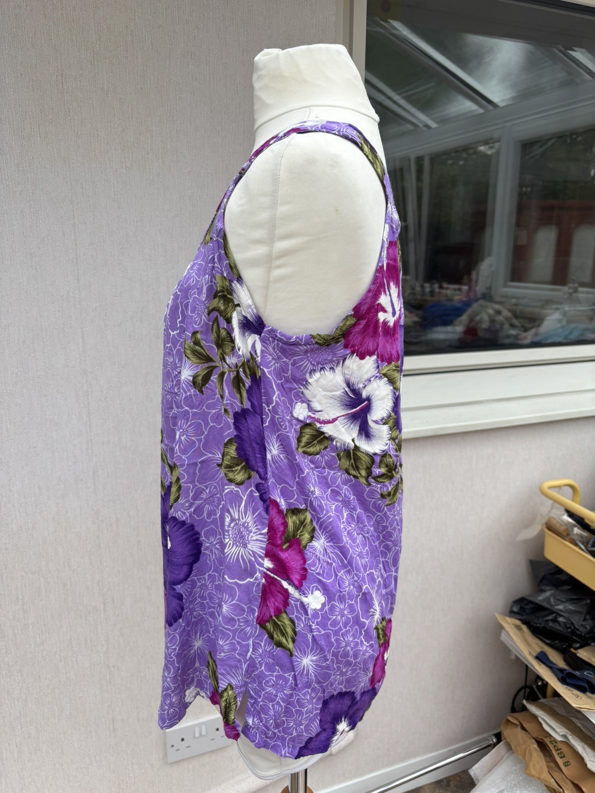 Vintage Aloha Fashion Hawaiian Hibiscus Tank Top Purple Rayon Boho UK L Y2K