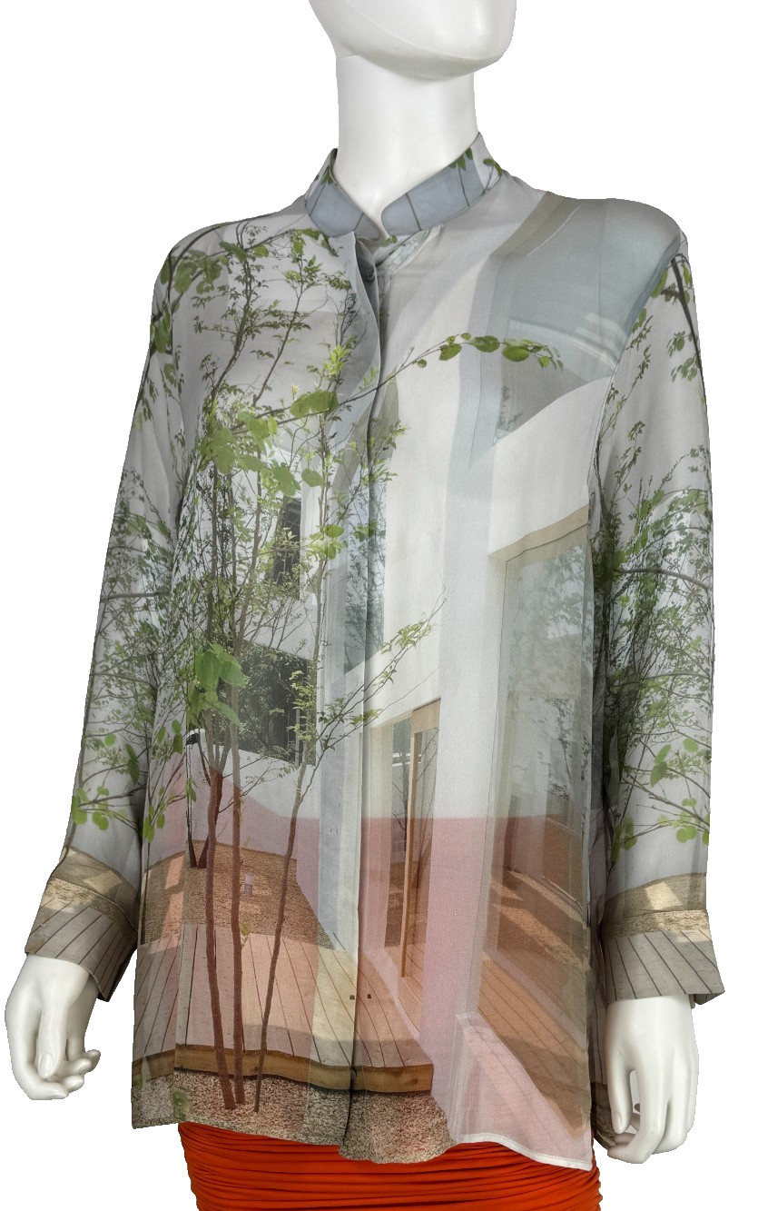 $1.4K Akris House N Print Garden 100% Silk Blouse Dress Top 8 US 44 IT M Runway