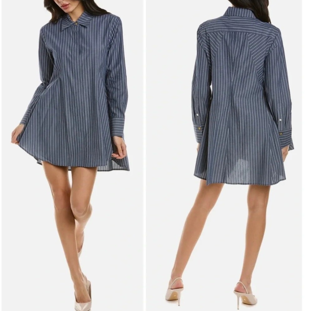 DONNA KARAN Blue Striped Button-Down Signature Tunic Top Large Mini Dress