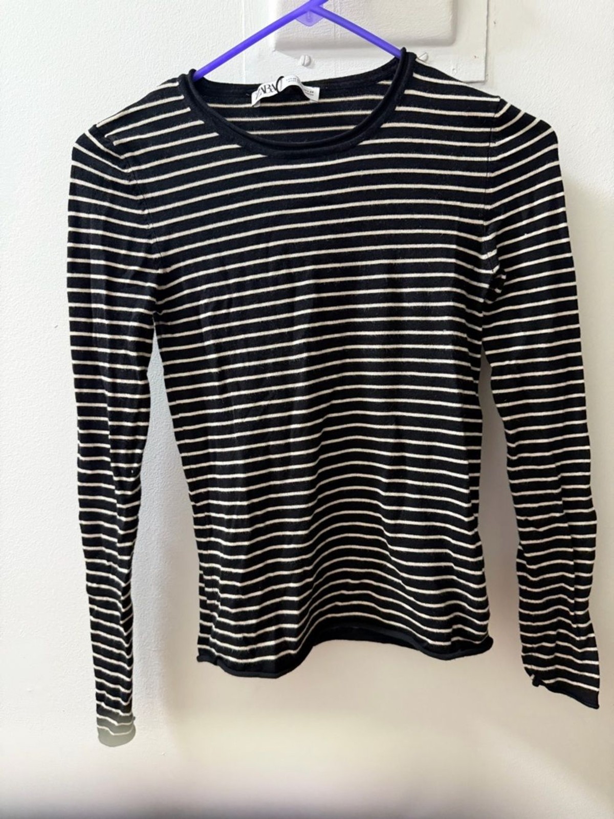ZARA Black & Cream Striped Long Sleeve Top Size M
