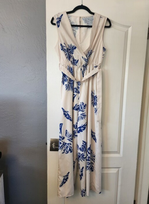 Cream with Blue Faux Wrap Top Floral Print Women’s Jumpsuit Size M NWT