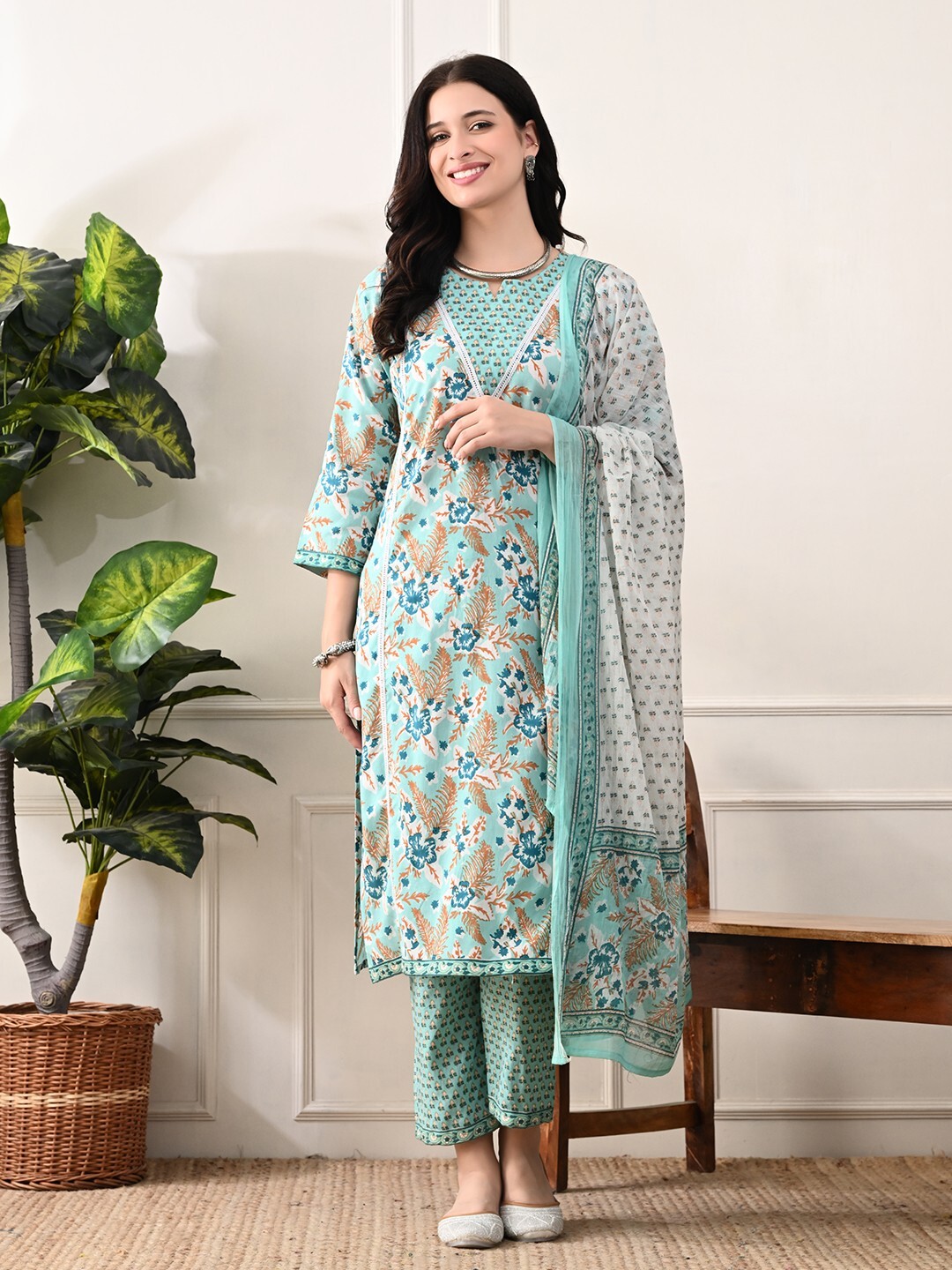 Women Embroidered Regular Kurta with Palazzos & With Dupatta