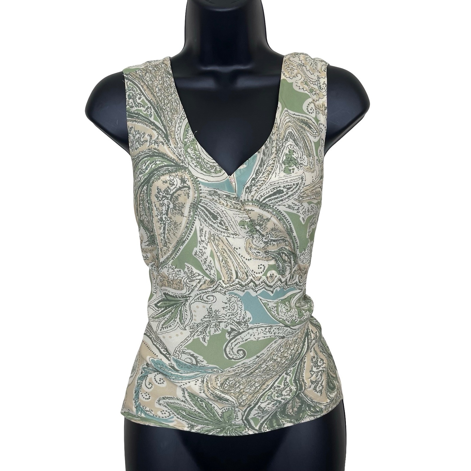 Vtg Evan Picone Paisley Sleeveless Blouse 12 Green Babydoll Y2K Fairy Grunge