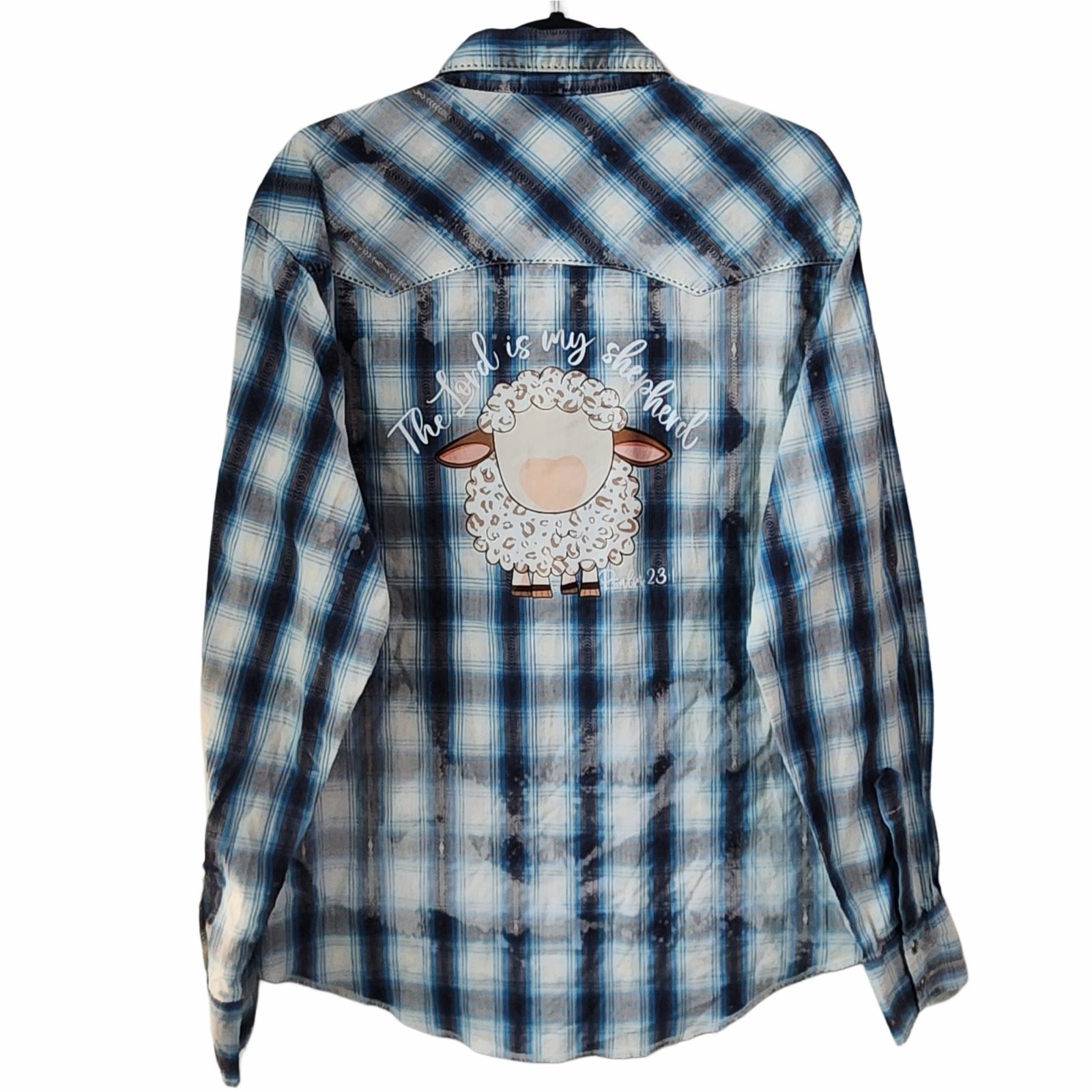 The Lord Is My Shepherd Christian Upcycled Plaid Snap Button Western Shirt, L