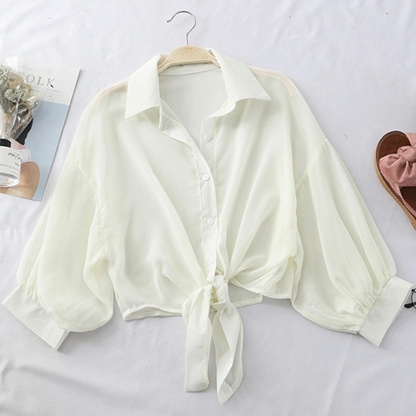 Women Long Sleeve Blouse Crop Top Front Knot Cardigan Button Down Lapel Shirt