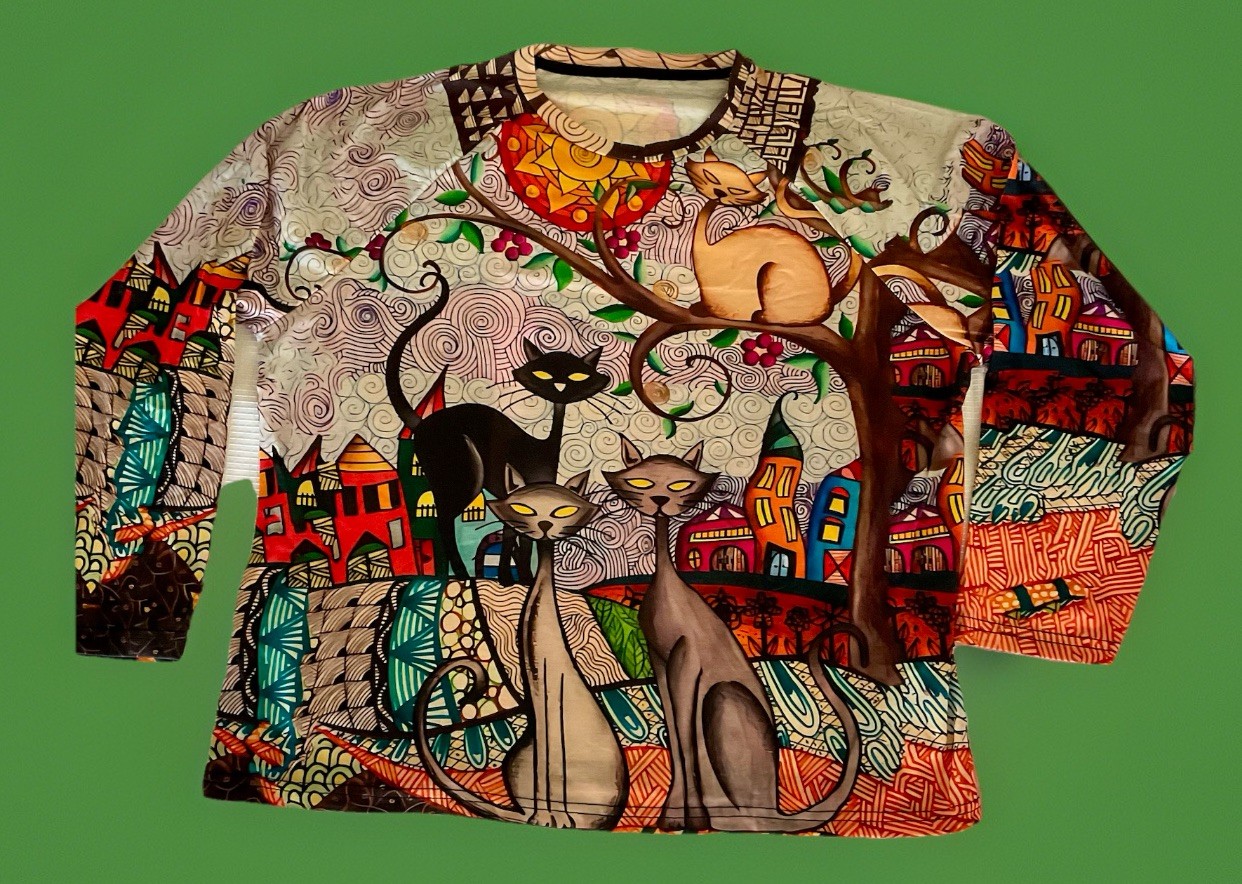 Kitty Cat Lover Graphic Top Busy Kitten Multicolored Shirt Womens Long Sleeve XL