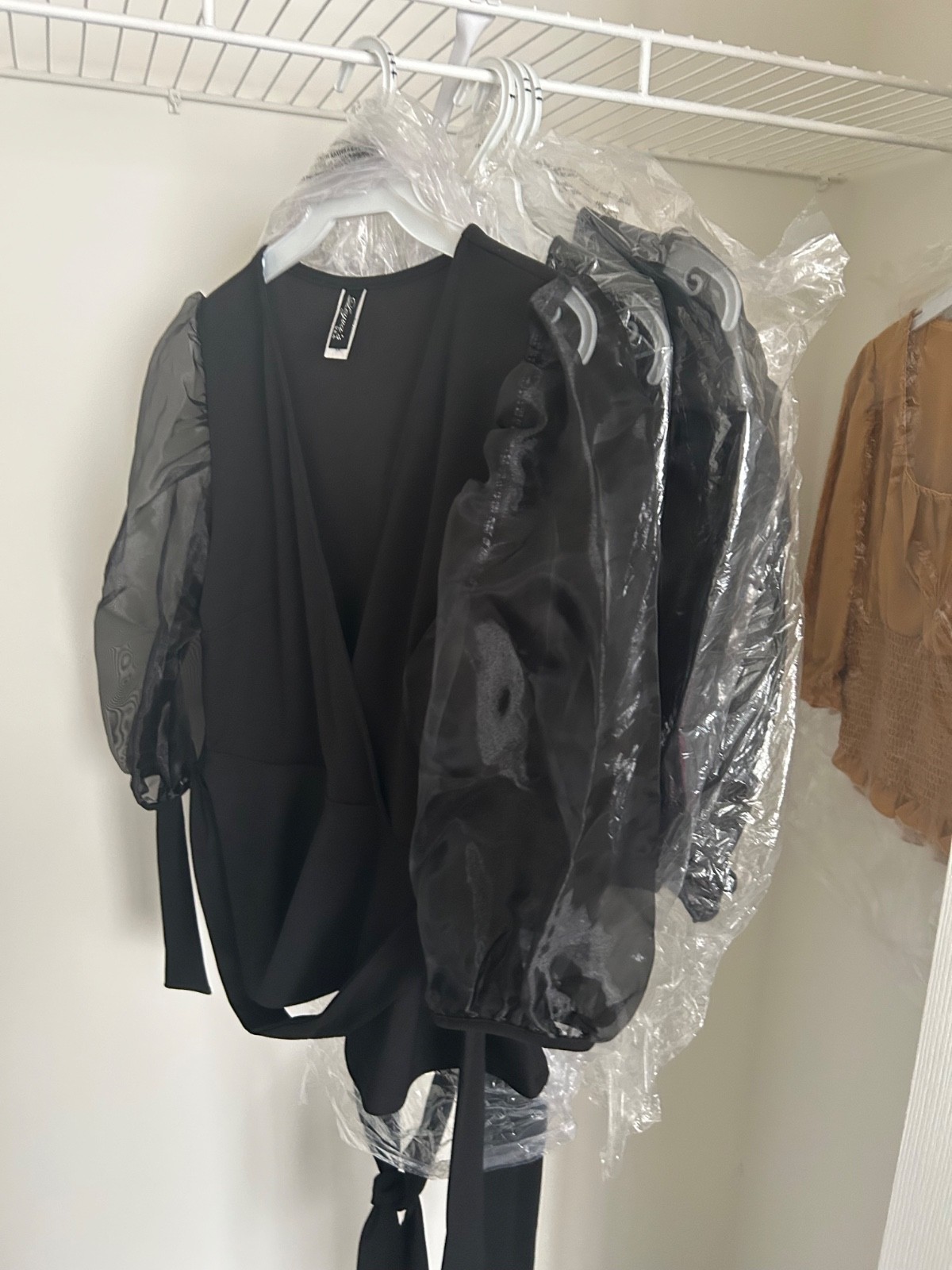 Women’s Black Organza Sleeve Peplum Wrap Top