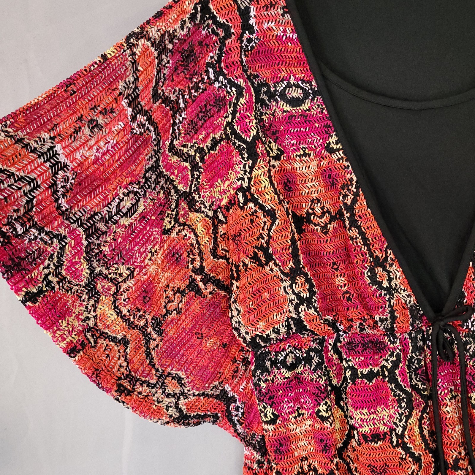 Cato Women’s XL Red Orange Black Lace Knit Top V-Neck Tie Front