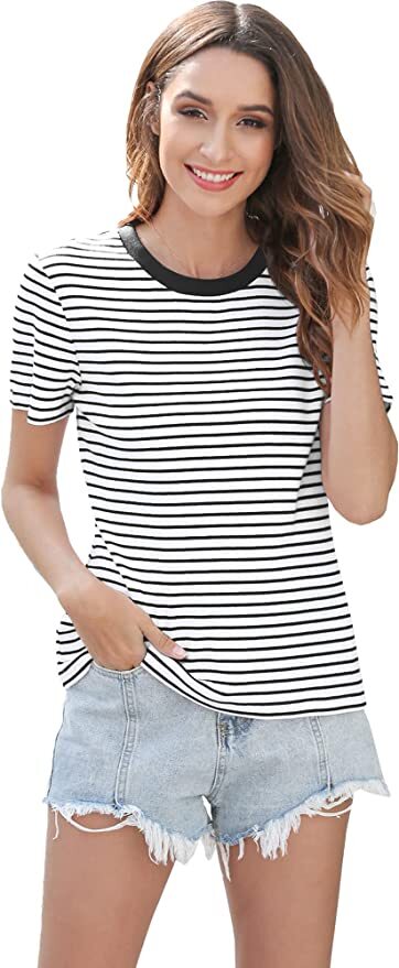Women Short Sleeve Striped T Shirt Crewneck Tunic Tee Tops Casual Shirts S-L