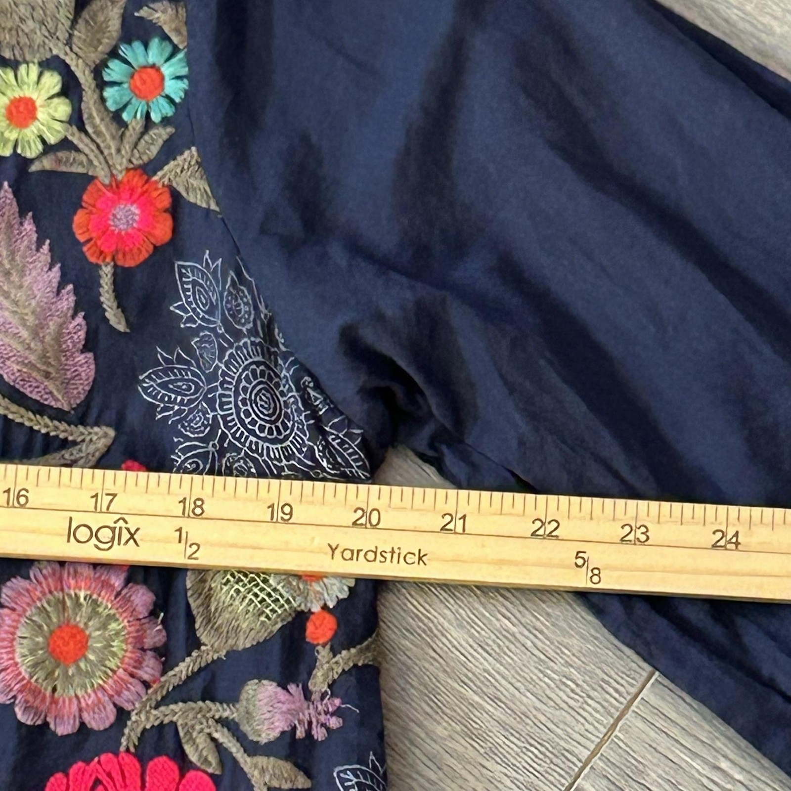 Soft Surroundings Shirt Womens L Blue Embroidered Floral Boho Tassel Tunic Top