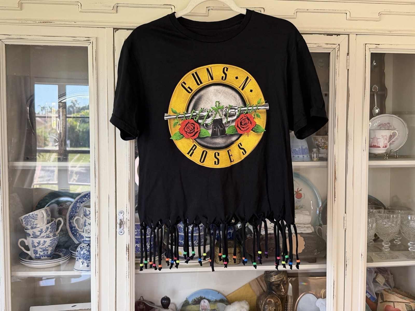 Guns N Roses Band Tee Size S Black Fringe Beaded Hem Upcycled Rock Graphic