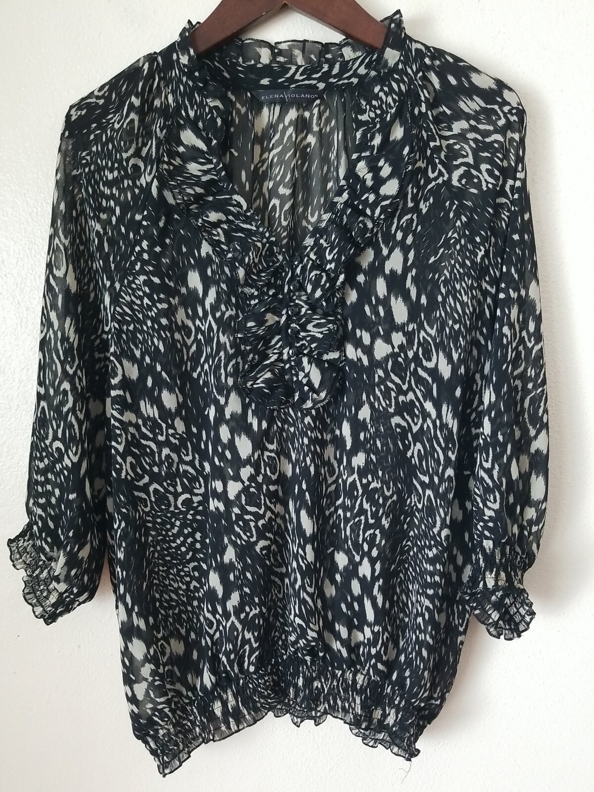 ELENA SOLANO Sheer Ruffle V Neck Printed Top Size L? Black Taupe Blouse
