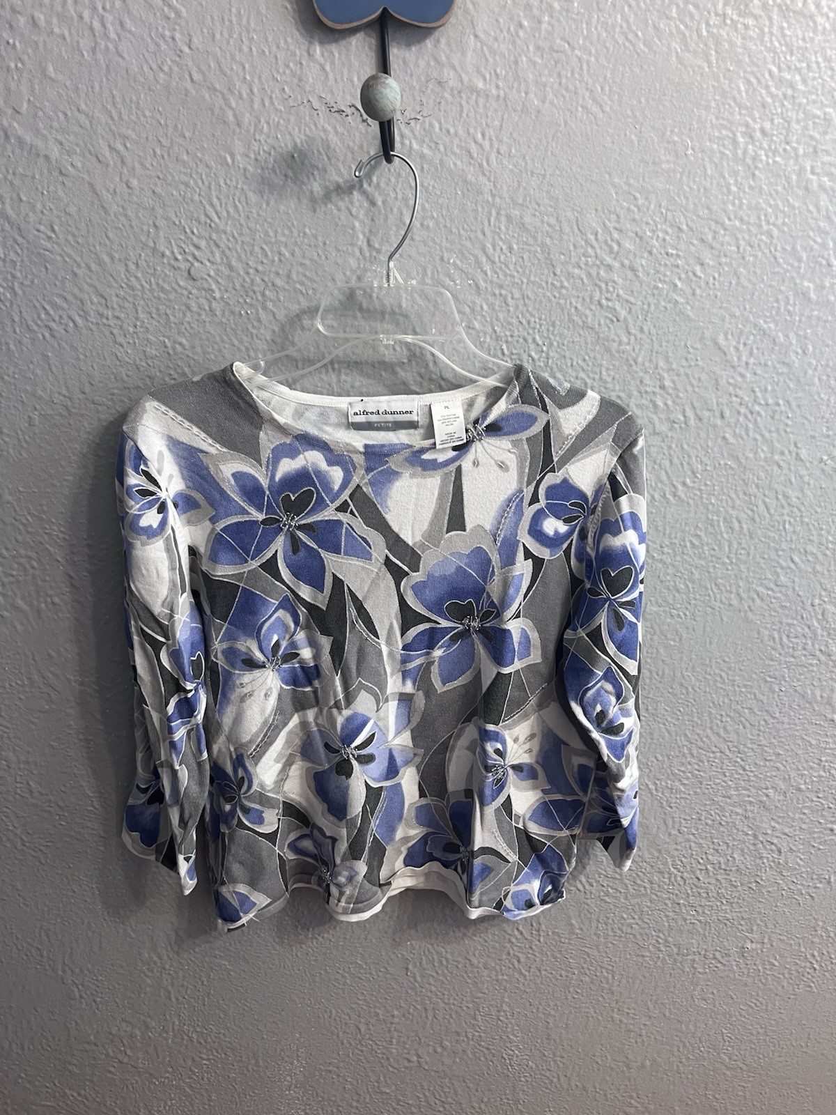 Alfred Dunner 3/4 Sleeve White Blue Gray Floral Blouse Womens Size PL